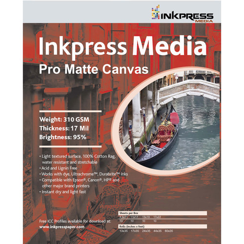 Inkpress Media Pro Matte Canvas (17” x 22”, 10 Sheets)